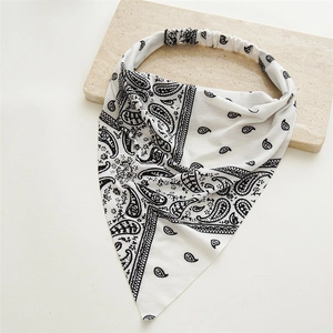 Detail of white paisley bandana with elastic band on a premium stone texture surface