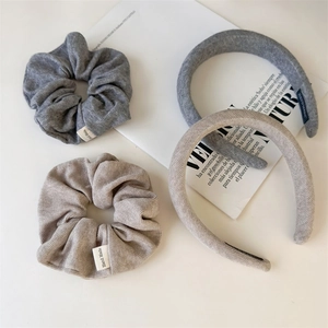 Elegant knit headband and scrunchie set in oatmeal grey and beige neutral tones
