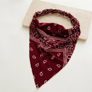 Detailed macro view of dark red paisley pattern on vintage elastic hair bandana