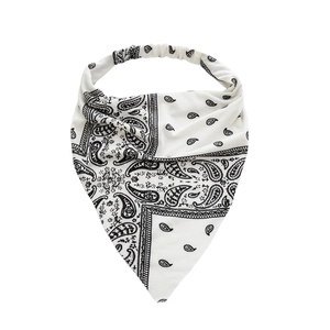 Bohemian paisley bandana headband with elastic back for women in black and white pattern