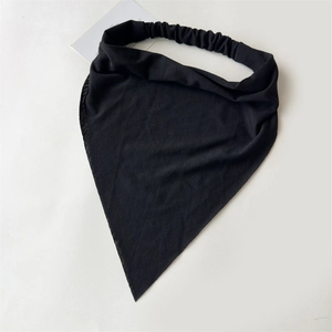Detailed top view of black knit triangle headscarf with elastic pleated band detail