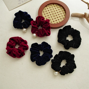 6-piece velvet scrunchie set in navy, burgundy, and black with elegant pearl charms