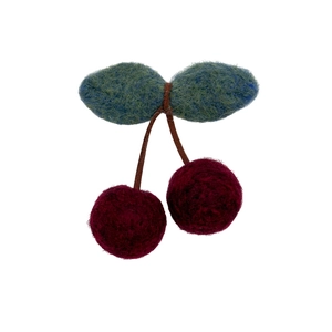 Handmade red cherry felt hair clip for girls featuring green leaves and wool texture