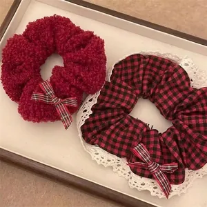 Red Lamb Wool Plaid Scrunchie With Bow Large Elastic Hair Tie Vintage Winter Hair Accessories For Women New Year Christmas