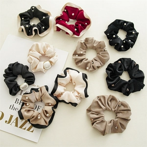 Elegant Velvet Satin Scrunchies With Artificial Pearl Rhinestone Beaded Contrast Edge High Elasticity Hair Ties For Women