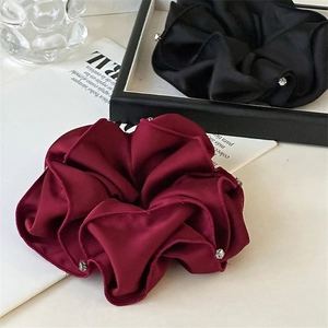 French Elegant Large Satin Scrunchie With Rhinestone High Elastic Hair Tie Vintage Burgundy Black Hair Accessories For Women