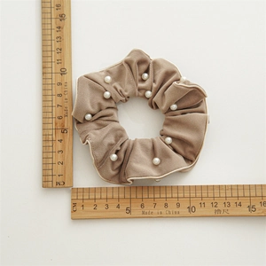 Elegant khaki velvet scrunchie with white pearls, high elasticity hair band, 10cm diameter