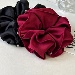 French style satin scrunchies in black and burgundy with premium rhinestone accents