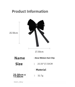 Detail view of large black velvet bow hair clip with ribbons and exact measurements