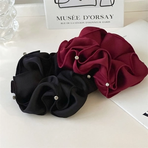 Elegant satin scrunchies in black and burgundy with sparkling rhinestones for women