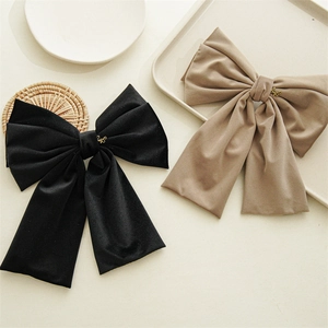 Premium velvet large bow spring hair clips in black and khaki with gold metal letters
