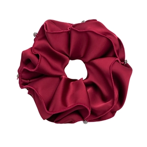 Elegant burgundy satin scrunchie with rhinestones and pleated edges for women