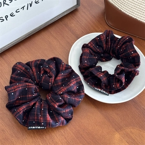 French Vintage Red Plaid Scrunchie With Rhinestone Large Fabric Ponytail Hair Tie Elastic Hair Band Accessory For Women