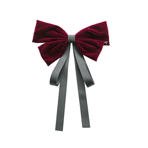 Elegant large velvet bow hair clip with grey silk ribbons and gold metal accent