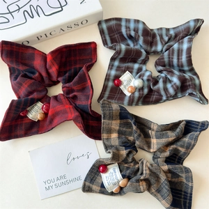 Vintage Plaid Scrunchies With Beads And Smile Label Preppy Style Hair Ties For Women Girls Daily Hair Accessories