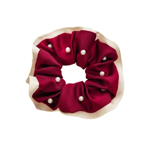 Elegant wine red velvet scrunchie with white pearls and cream trim for women