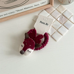 Cute burgundy velvet hair scrunchie with plush reindeer head for girls and toddlers