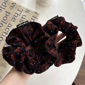French vintage red plaid oversized scrunchie set with rhinestones and classic pattern