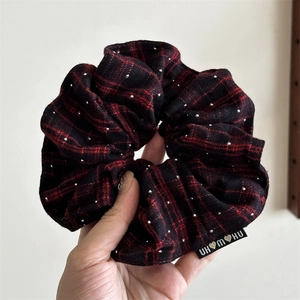 French vintage red plaid hair scrunchie with rhinestones for elegant bun hairstyles