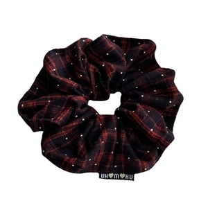 French vintage red plaid scrunchie with rhinestones and branded label for bun hairstyles