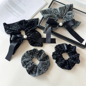 Large Fabric Bow Scrunchies Rhinestone Inlaid Faux Artificial Pearl Hair Ties For Women Vintage Elegant French Style Hair Accessories