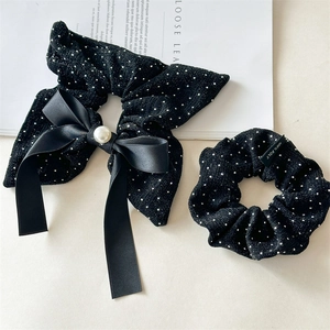 Sparkling black fabric bow scrunchie set with pearl detail for elegant hairstyles