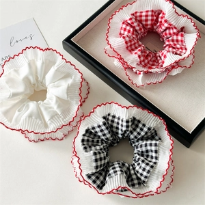 French Style Plaid Scalloped Edge Hair Scrunchies Double Layer Printed Large Elastic Hair Band Fashion Hair Accessories For Women