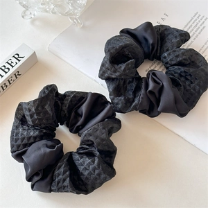 Black Satin Patchwork Scrunchies Textured Fabric High Elasticity Hair Ties For Women Daily Commute Fashion Hair Accessories