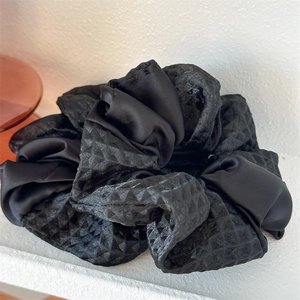 Luxe black satin and diamond pattern textured scrunchie for women high elastic ponytail holder