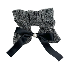 Elegant silver and black striped scrunchie with large satin bow and pearl accent