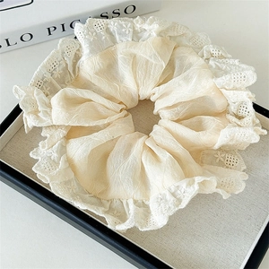 French Vintage Large Scrunchie Fabric Lace Elastic Hair Tie Pleated Hollow Out Embroidered Headband For Women Girls Daily Hair Accessories