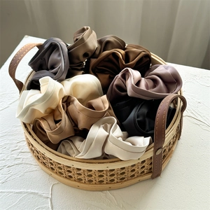 French vintage oversized satin scrunchies set in neutral earth tones with pleated edges