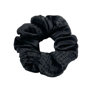 Luxe black satin and jacquard textured scrunchie with elastic band for women hair
