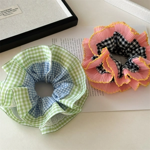 Chouchou Plissé à Carreaux Oversize pour Femmes Filles Haute Élasticité Couleur Contrastée Tissu Élastique Cheveux avec Bord Dentelle Accessoires Cheveux Vintage