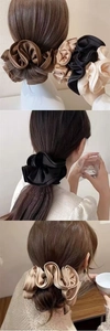 Detail view of large satin scrunchies in coffee, black and cream on various hairstyles