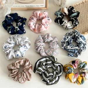 Chouchous en Mousseline à Fleurs et Rayures Élastique en Tissu Accessoires Cheveux Frais et Sucrés pour Femmes