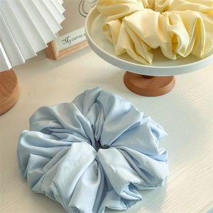 Chic cream blue and yellow large scrunchies with soft cloud pleats in premium satin fabric