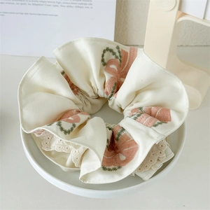French Style Off White Embroidery Lace Scrunchie Pink Bow Floral Pattern Large Hair Ties Hair Accessories For Women