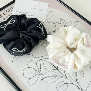French Elegant Satin Scrunchie With Ribbon Bow Embroidery High Elasticity Fabric Hair Tie For Women Fashion Hair Accessories