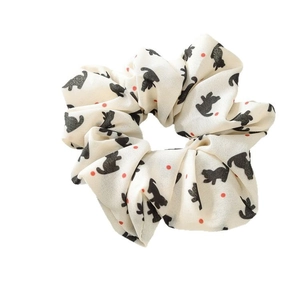 White chiffon scrunchie with cute black cat prints and red polka dots hair accessory