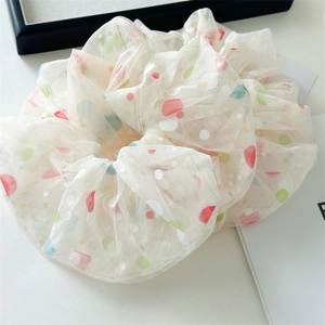 Extra large sheer mesh scrunchie with colorful polka dots and elegant ruffled texture