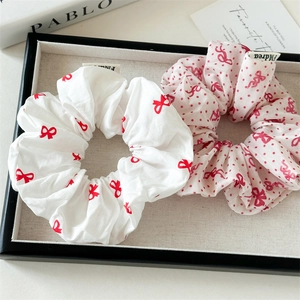 Chouchou Large en Tissu avec Nœud Papillon Style Coréen Doux Motif à Pois Nœud Rouge Élastique pour Femmes