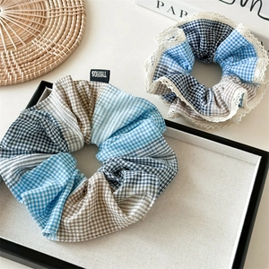 Vintage Patchwork Plaid Large Scrunchie For Women Blue Brown Fabric Elastic Hair Tie With Lace Trim Stylish Hair Accessories