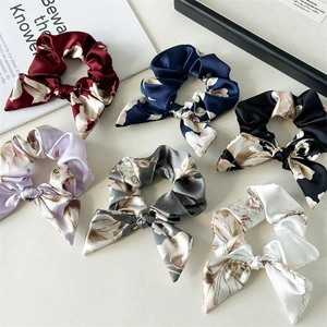Set of 6 satin floral scrunchies with long bows in burgundy blue black purple grey white