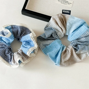 Chic blue patchwork oversized scrunchies with lace trim and vintage plaid patterns