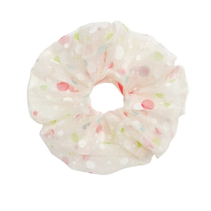 White mesh scrunchie with colorful polka dots, 18cm large size hair accessory for women