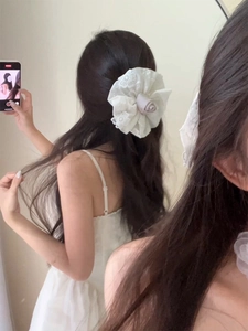 Vue détaillée du chouchou en dentelle blanche avec rose pour coiffure élégante