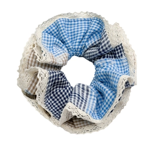 Vintage oversized patchwork scrunchie in blue and brown plaid with delicate lace trim