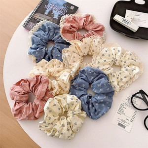 Chouchous Élégants En Tissu Floral De Style Coréen Avec Bordure En Dentelle Grands Élastiques Cheveux Femme Mode Accessoires