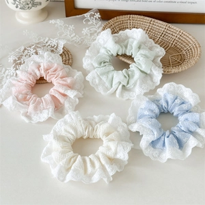 Sweet Lace Border Floral Plaid Hair Scrunchies For Women Handmade Pastoral Style Elastic Hair Ties Fashion Accessories